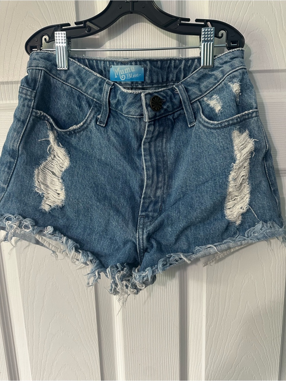 Show Me Your Mumu Distressed High-Rise Denim Shorts - Blue